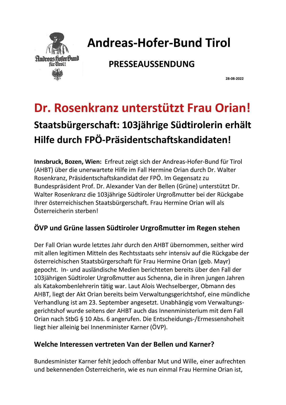 PA AHBT Dr. Walter Rosenkranz unterstützt Frau Hermine Orian