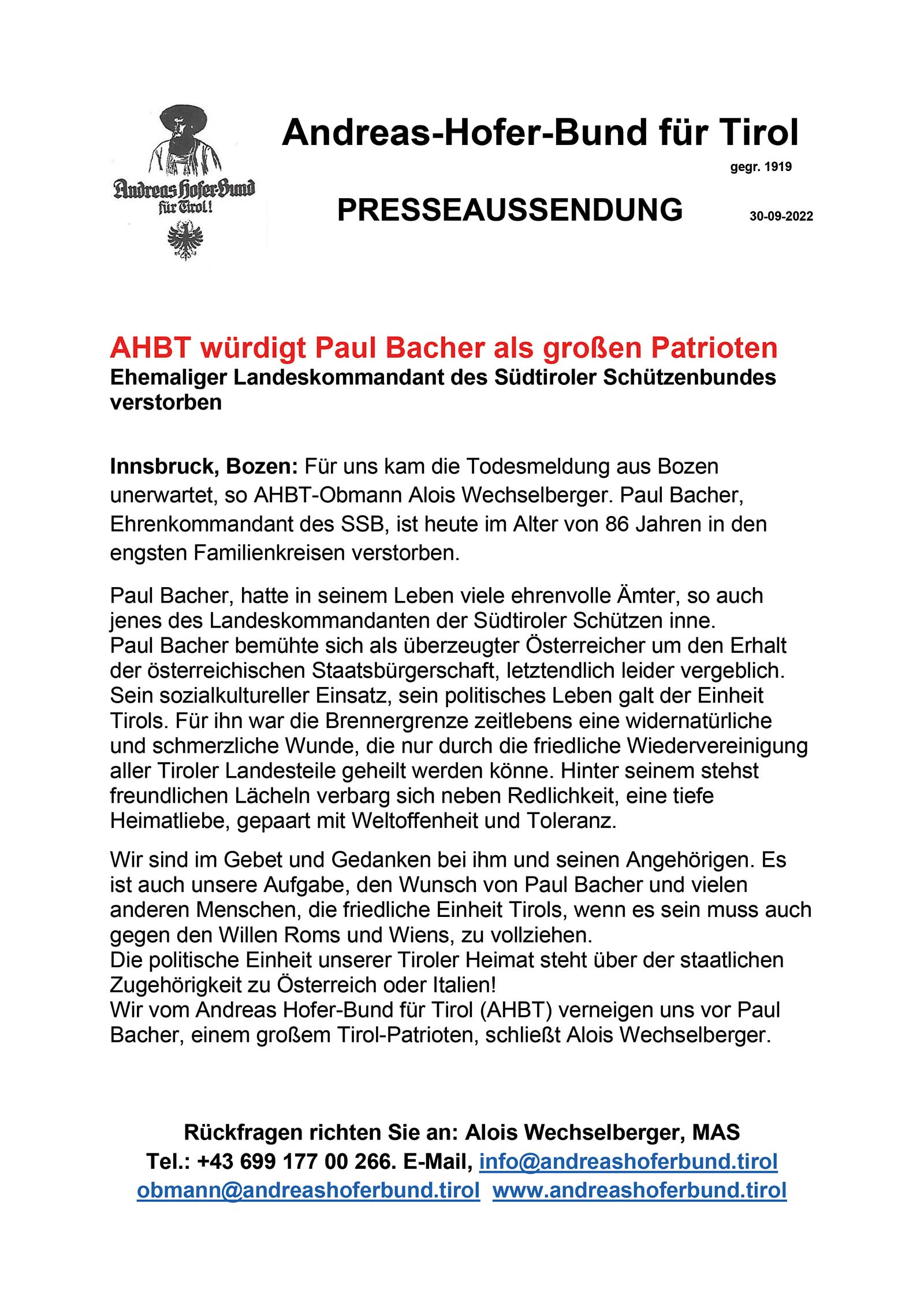 Paul Bacher – ein großer Tirol-Patriot – ist tot!