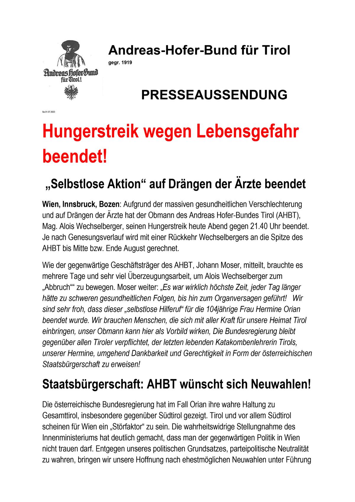Hungerstreik wegen Lebensgefahr beendet!