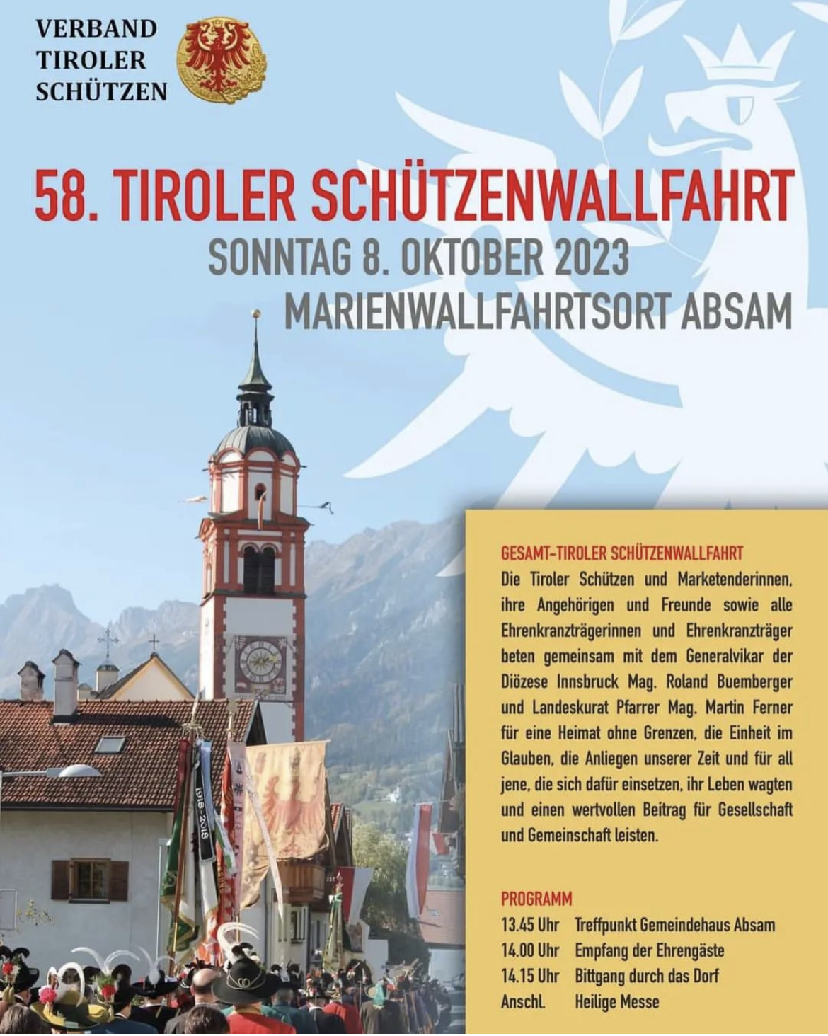 58. Tiroler Schützenwallfahrt – Sonntag 8. Oktober 2023 in Absam