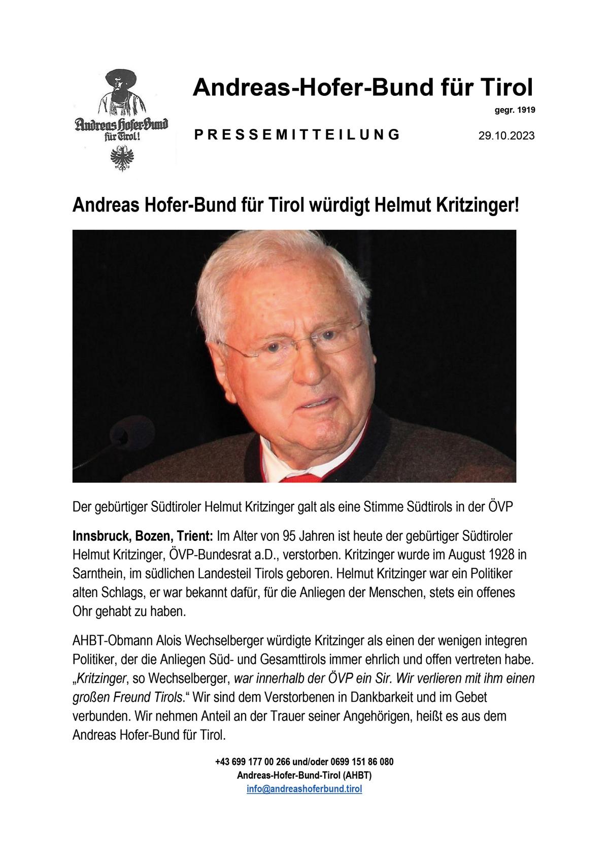 Andreas Hofer-Bund für Tirol würdigt Helmut Kritzinger!