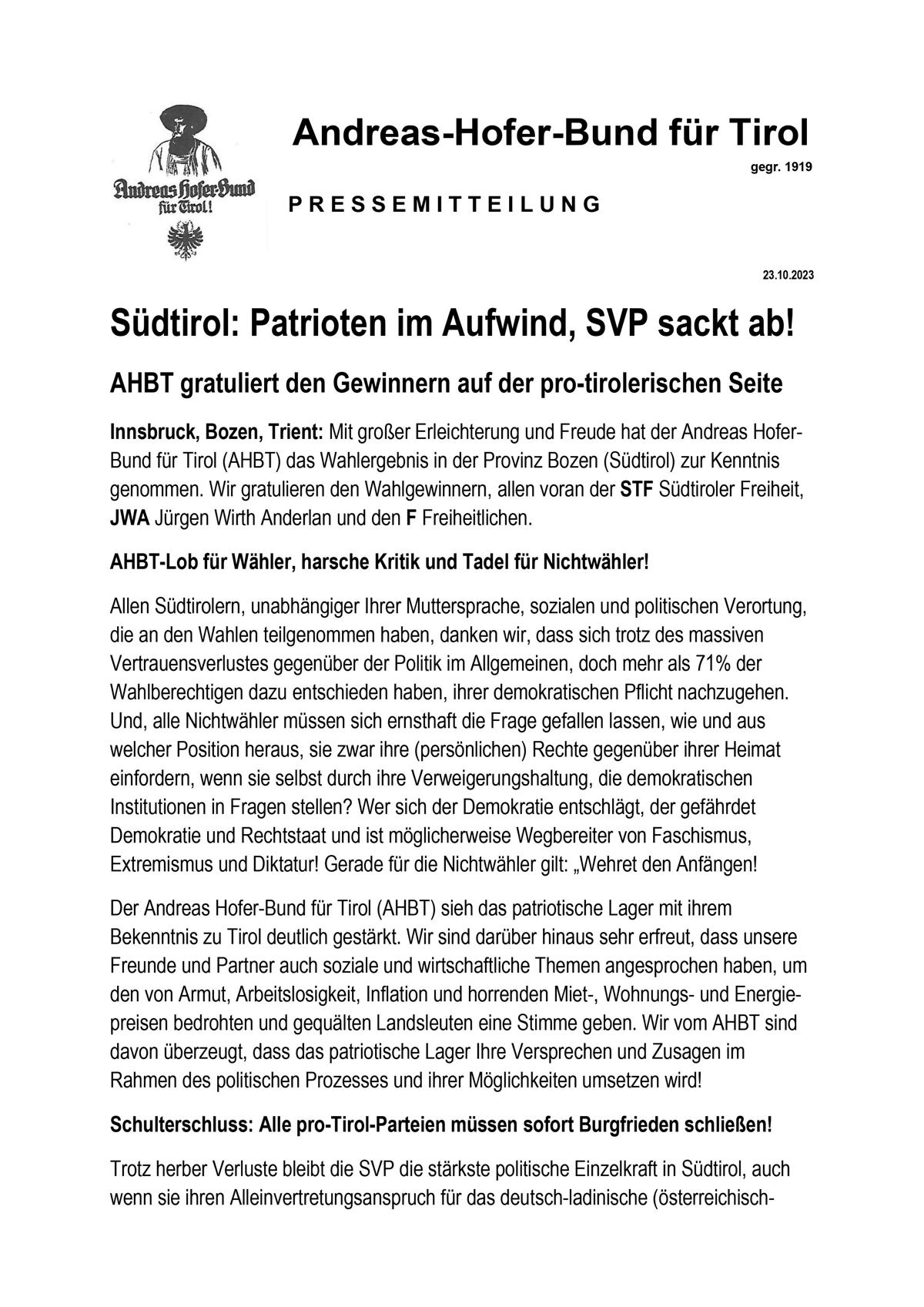 Südtirol: Patrioten im Aufwind, SVP sackt ab!